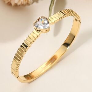 Clear Gold Stainless Steel Heart Bangle Bracelet Jewelry Stone Hinged